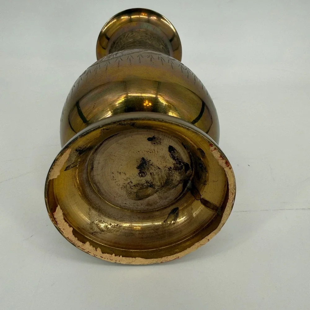 Vintage Etched Solid Brass Floral Vase Floral Design Flared Rim Made in India